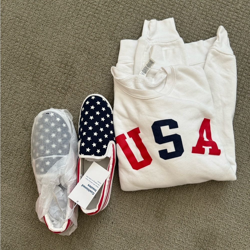 USA 🇺🇸🇺🇸 Women’s Sweatshirt (size L) and Slip On Shoes (9) Bundle